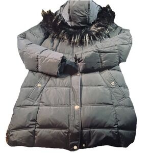 Tommy Hilfiger Women's Navy Blue Long Coat Puffer Parka FauxFur Hood Medium EUC